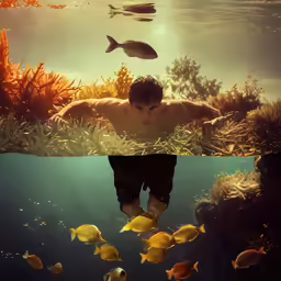 there is a person under water and a fish