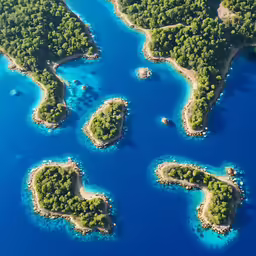 an island with multiple islands and small boats in the middle