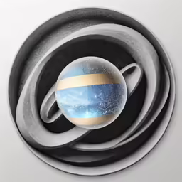 a circular space planet with the blue and yellow stripes around it