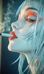 a woman with bright makeup smoking a cigarette