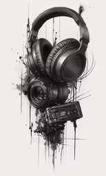 headphones and music equipment with black and white ink splats