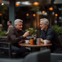 two men sitting at an outdoor cafe table