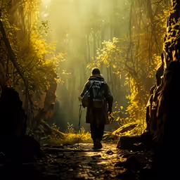 the back of a man walking in a forest carrying a back pack