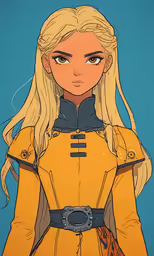 an illustration of a blonde haired female wearing yellow and blue clothes