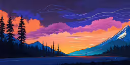 the scene depicts a mountain, lake, and forest silhouettes,a purple and orange sky over the mountains
