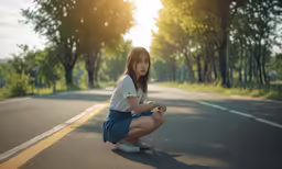 a young girl crouching down on the side of a road with trees behind her