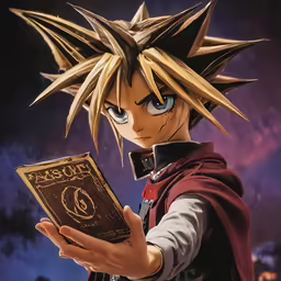 a toy action figure holding a book with large spikes