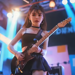 a woman with short legs playing an electric guitar