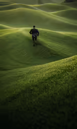 man walking across a lush green field with a dog