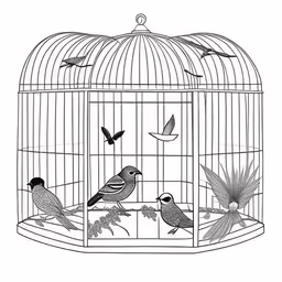 a cage with three birds inside of it,black and white drawing of birds in birdcage with other birds flying around