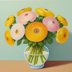 a painting with many different colors of flowers,a painting of a bouquet of yellow and pink flowers,a painting of flowers is on display in a vase,an oil painting with flowers in a vase,a bouquet of flowers in a vase on the table