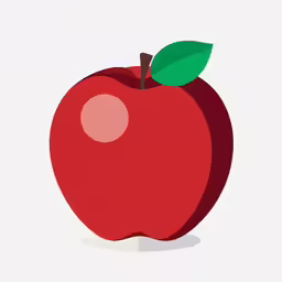 an apple that is red with leaves and brown stem