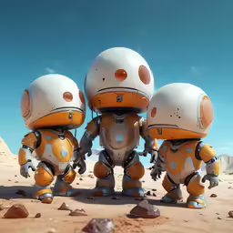 four yellow and white robot toys sitting on top of rocks