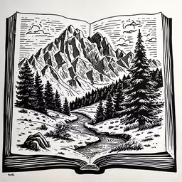 the mountain range is shown in a black and white illustration,an open book with an image of mountains