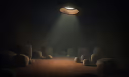 a dark room has couches and light shining through the holes