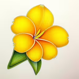 a pencil drawing of a flower with green leaves,a drawing of a yellow flower in color
