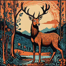 a painting of a deer in the woods at sunset,a deer stands in the middle of a forest
