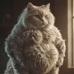 a cat with curly, white hair is standing on legs