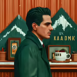 a painting of a man in a green coat looking away from him