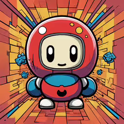 an image of the robot character with a red helmet and blue pants,a red and black robot in the middle of a room