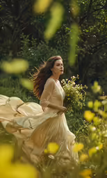 a young woman wearing a flowing dress is in the middle of a field with flowers