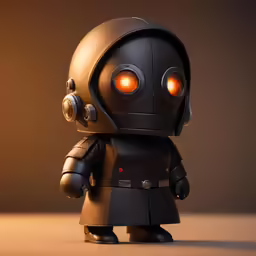 a black robot toy with glowing eyes standing on a brown table