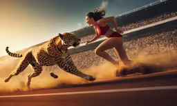 two women are running with a tiger on a field