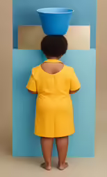 back view of an african american child standing and looking at a blue wall