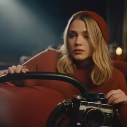 a woman is holding a camera and looking forward