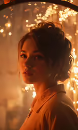 a young woman standing beneath lights in an old building
