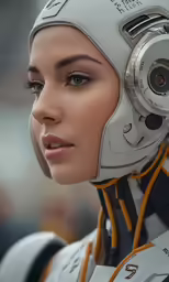 woman wearing a silver helmet with orange strings