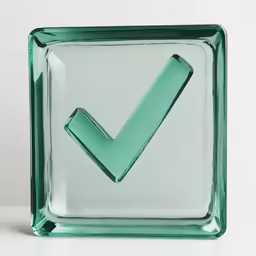 the glass check mark on top of an emerald green square
