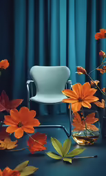 a chair, vase with flowers and a wine glass on a table