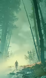 the mysterious man walks in the foggy woods