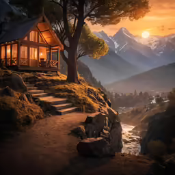 a house that is on a hill by some mountains