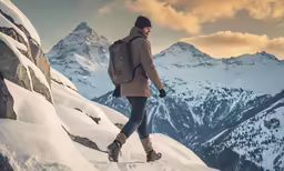 a man walking down a mountain on top of a snow covered hill