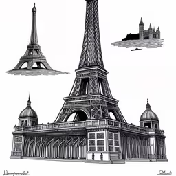 the eiffel tower in paris, france,an ink drawing of the eiffel tower, and its base