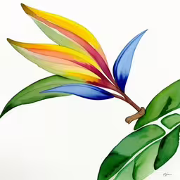 a painting of a flower with leaves,an artistic painted floral with vibrant colors on the petals