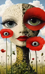 the face of a woman with large eyes and long, thick lashes is partially covered by poppys in front of an open field