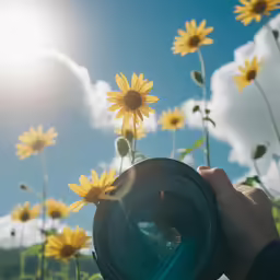 a person holding a camera taking a photo with yellow flowers in the background