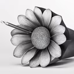 an artistically decorated umbrella that has a flower shaped like a ball