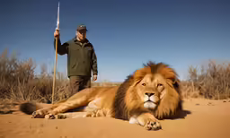 a man with a large hunting pole posing with a lion