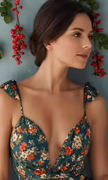 a beautiful young woman with very large breast in a floral dress