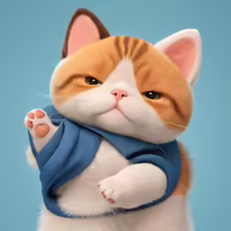 a small cat dressed in blue and white clothes