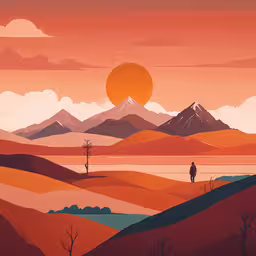 a stylized painting of a person on a mountaintop,the lone man is standing on a hill