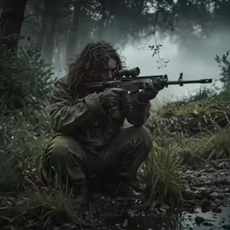a woman with a gun crouches in a forest