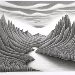 a drawing depicting mountains and the water,the landscape has mountains and water in it,the drawings show mountains and a river in a drawing style,a drawing with mountains, rocks and water in it,a drawing of an abstract mountain landscape, with flowing waters in the middle