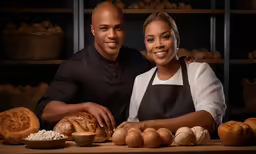 a couple of people in front of some bread