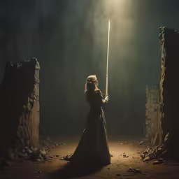 a young woman dressed in period costume holding a light saber