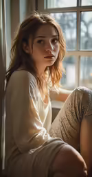 a young woman sitting against a window sill looking into the camera